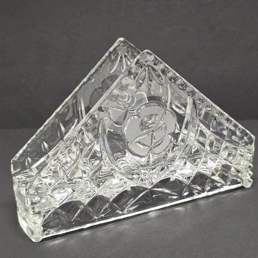 Vintage Cut Crystal Glass Triangle Napkin Holder Frosted Rose Accent